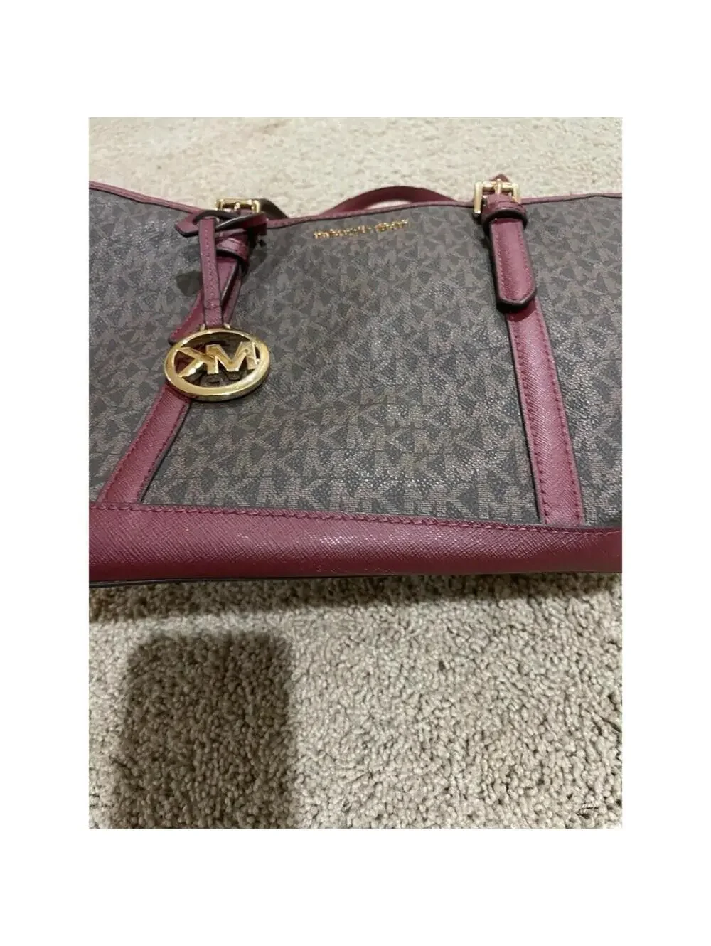 Michael Kors Large Tote Zipped Shoulder Bag Brown Leather Red Accents MK Logo